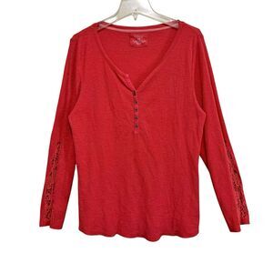 Sonoma Waffle Knit Top Womens Size XL Burnt Orange Long Lace Emb Sleeve Henley